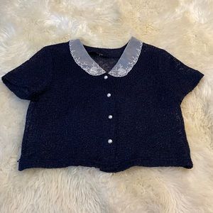 Vintage 80’s Blue Mesh Sweater Peter Pan Collar Lace Pearl Button Crop Top